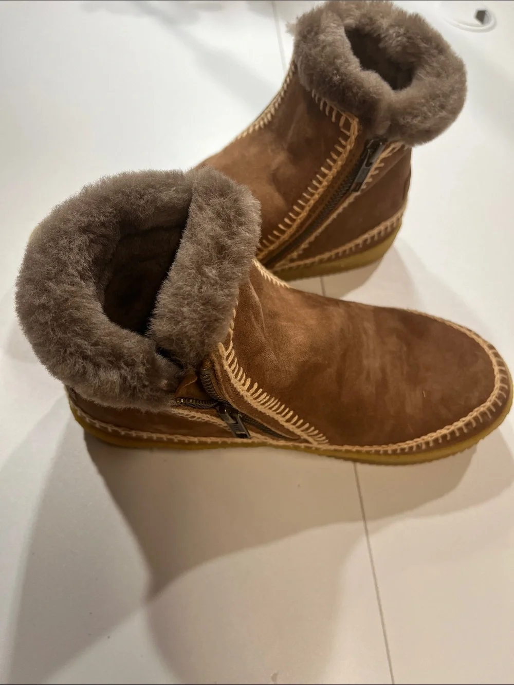 Setsu Crochet Side Zip Ankle Boot Camel Suede